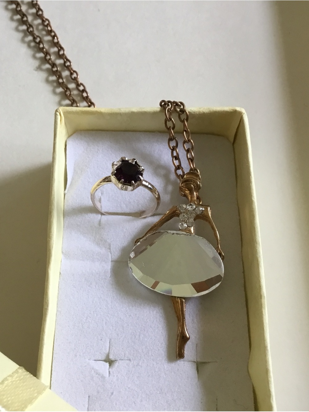 2 Pcs Gold-Tone Ballerina Pendant Necklace with Clear Crystal Skirt & Kid Ring